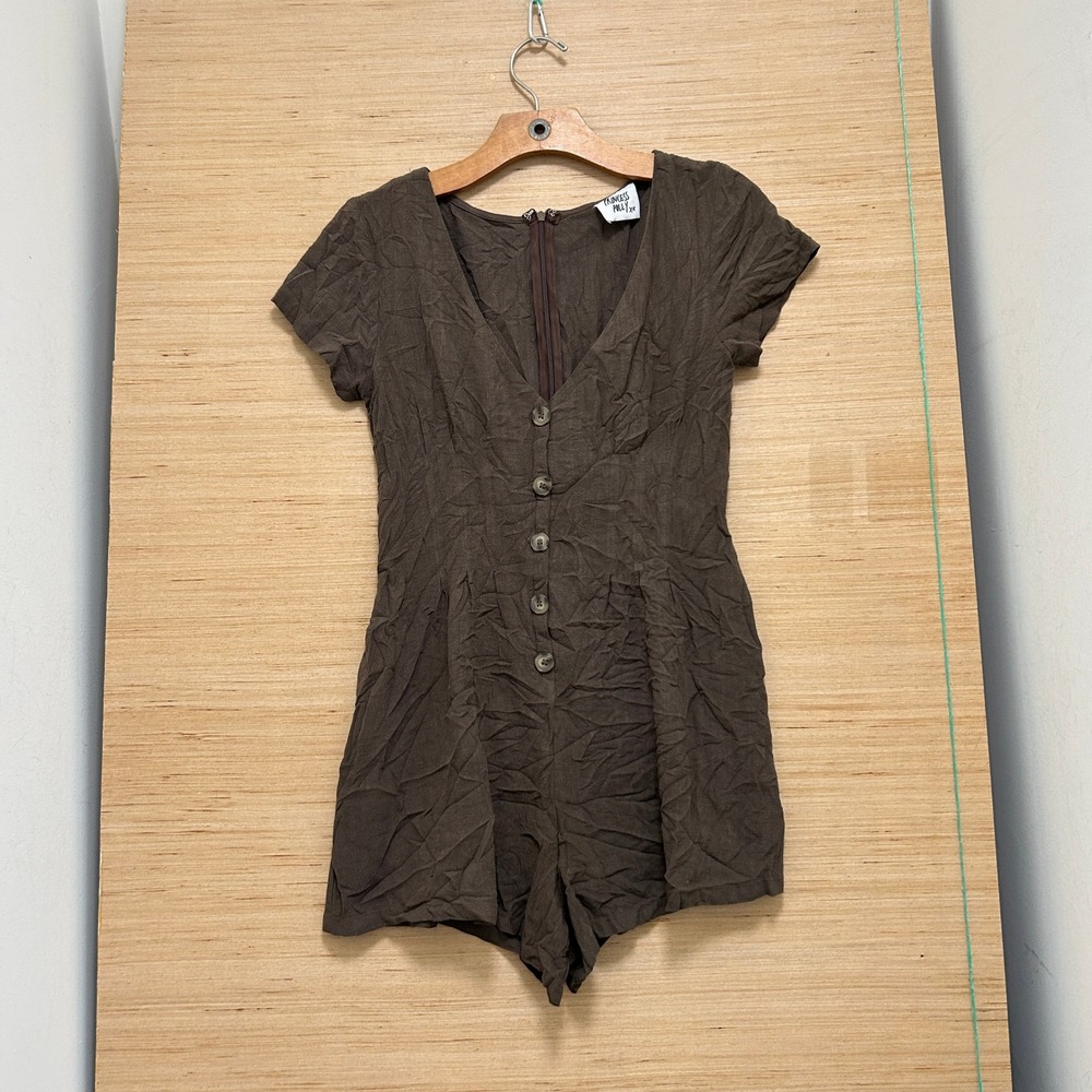 Princess Polly Brown Short Sleeve V-Neck Button Front Romper Mini Size 2